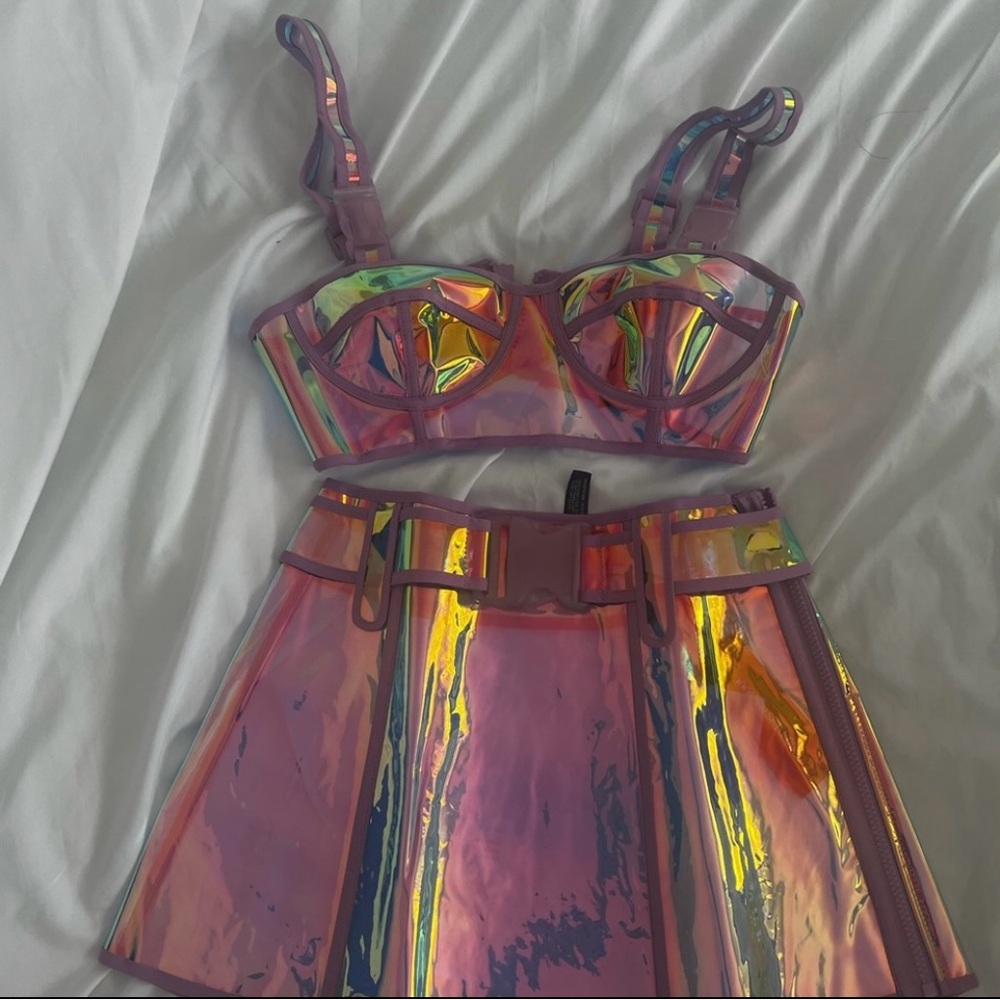 BNWT Dolls Kill Holographic Sheer Bra Top and Skirt Set